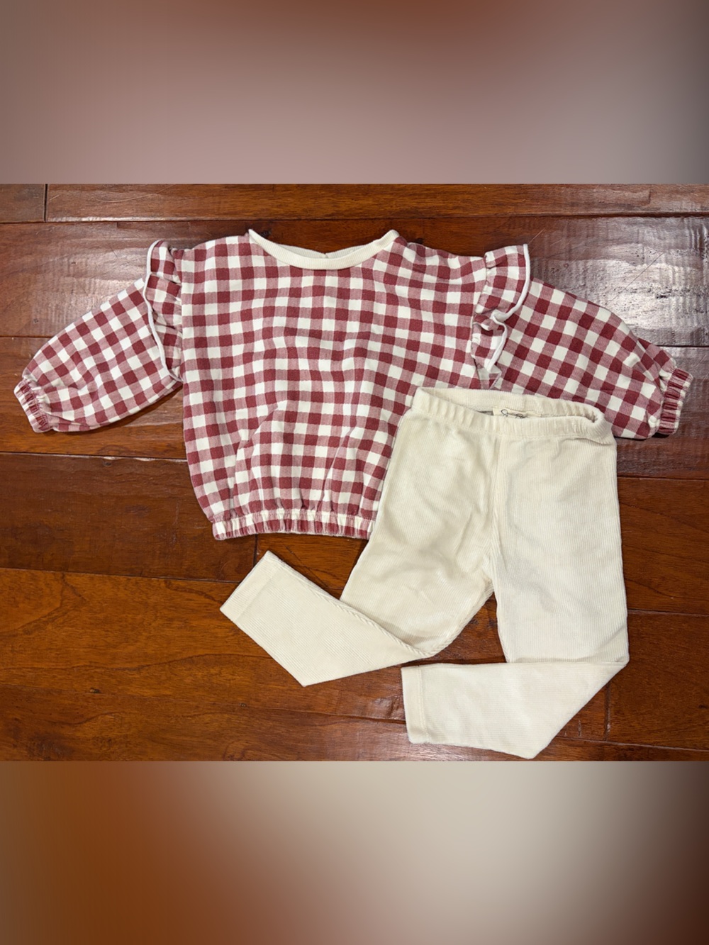 Girls Maroon Gingham Top with Cream Corduroy Pants